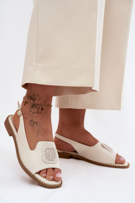 Sandali da donna con tacchi larghi con ornamenti S.Barski KV61-6016 color crema