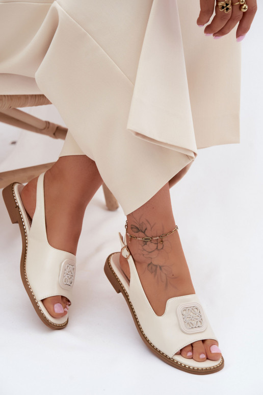 Sandali da donna con tacchi larghi con ornamenti S.Barski KV61-6016 color crema