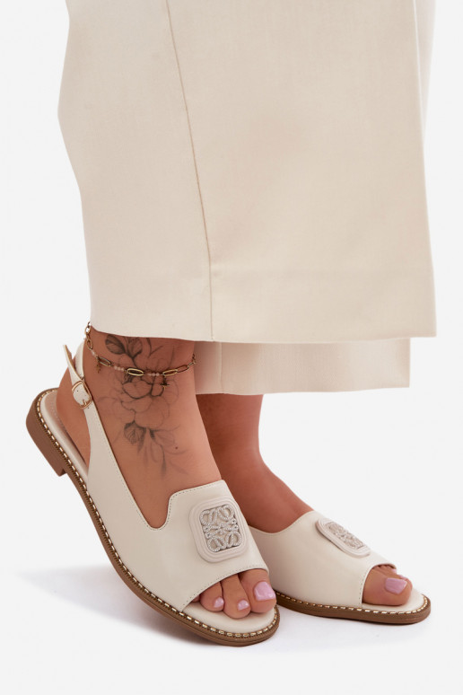 Sandali da donna con tacchi larghi con ornamenti S.Barski KV61-6016 color crema