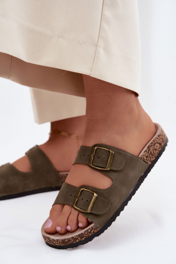 Pantofole da donna con fibbie Su suola in sughero colore kaki Harleen