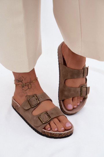 Pantofole da donna con fibbie Su suola in sughero colore kaki Harleen