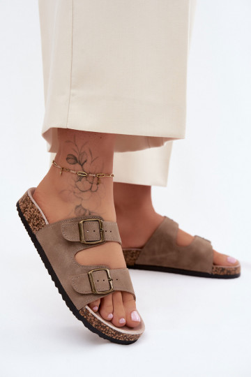 Pantofole da donna con fibbie Su suola in sughero colore kaki Harleen 2