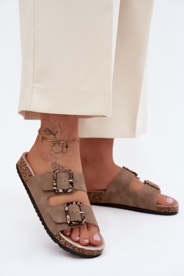 Pantofole da donna Su suola in sughero con fibbie modelli di serpenti beige Melia