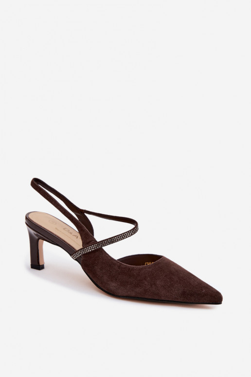 Pelle Eleganti tacchi alti in camoscio Ze Zdobionym Strisceem D&A CR61-3048 CzekoladoAe