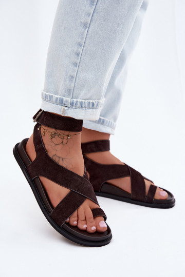 Sandali piatti in suede naturale D&A CR61-3049 cioccolato 2