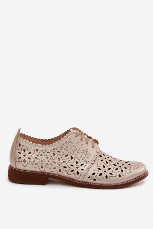 Scarpe in pelle con elementi in pizzo e tacco largo dorato