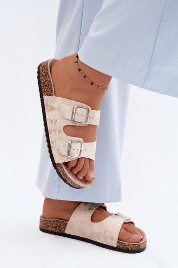 Femminile Pantofole Su Korek con fibbie beige-colore dorato Vivio