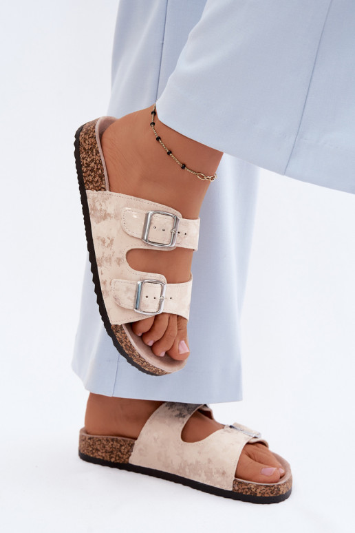 Femminile Pantofole Su Korek con fibbie beige-colore dorato Vivio