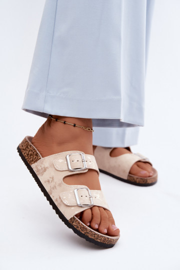 Femminile Pantofole Su Korek con fibbie beige-colore dorato Vivio 2