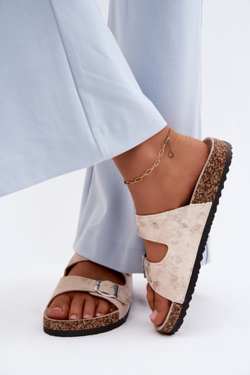 Femminile Pantofole Su Korek con fibbie beige-colore dorato Vivio