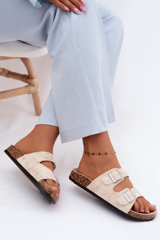 Femminile Pantofole Su Korek con fibbie beige-colore dorato Vivio