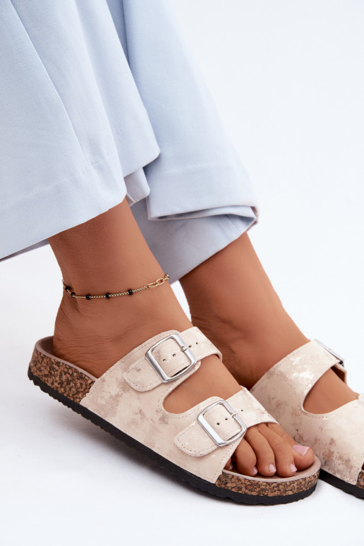 Femminile Pantofole Su Korek con fibbie beige-colore dorato Vivio