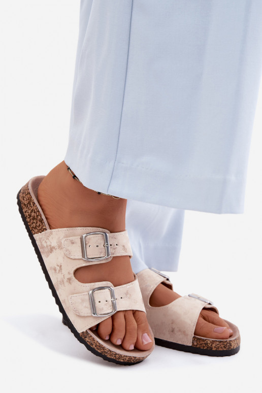 Femminile Pantofole Su Korek con fibbie beige-colore dorato Vivio