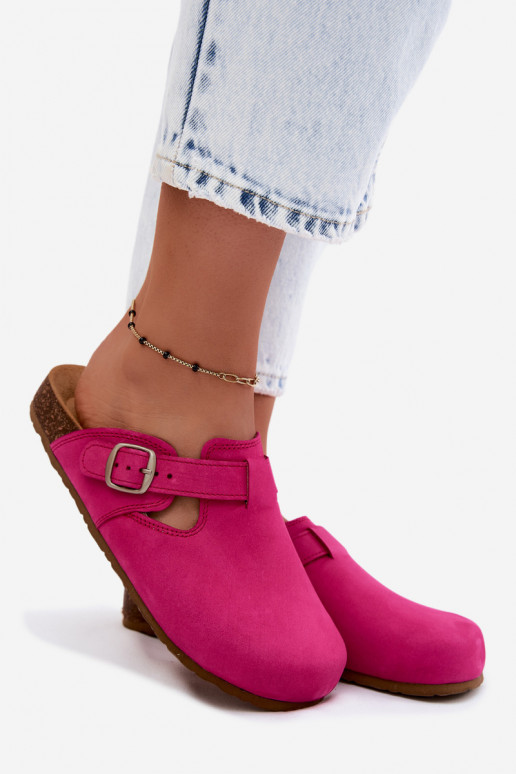Pantofole in pelle Mule con fibbie di colore rosa di Zazoo