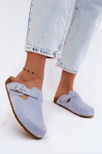 Pantofole in pelle Mule con fibbie di colore azzurro chiaro di Zazoo 2