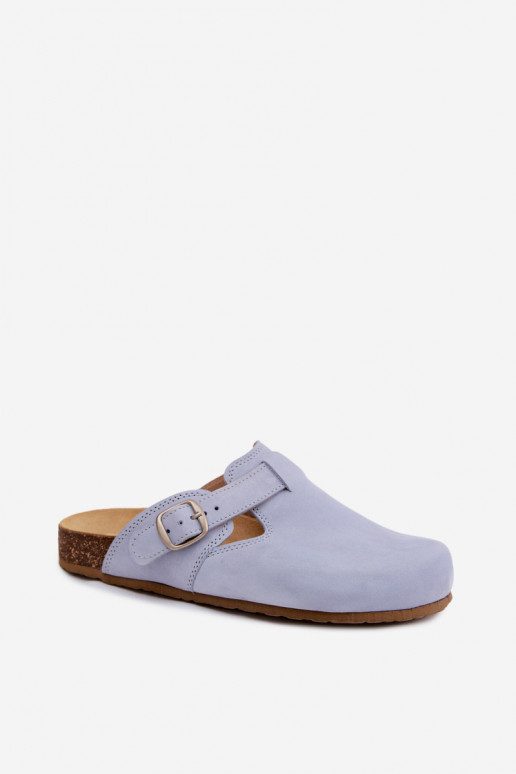 Pantofole in pelle Mule con fibbie di colore azzurro chiaro di Zazoo