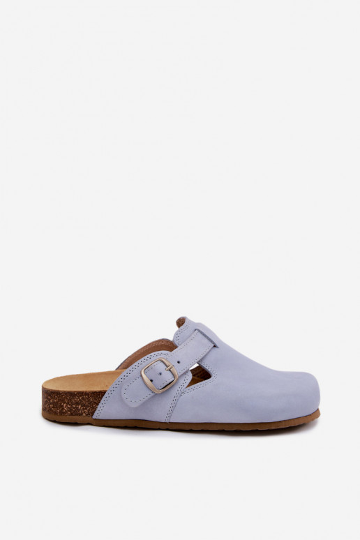 Pantofole in pelle Mule con fibbie di colore azzurro chiaro di Zazoo