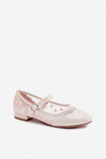 Ballerine lucide per bambini con rete e cuori color sabbia Binky