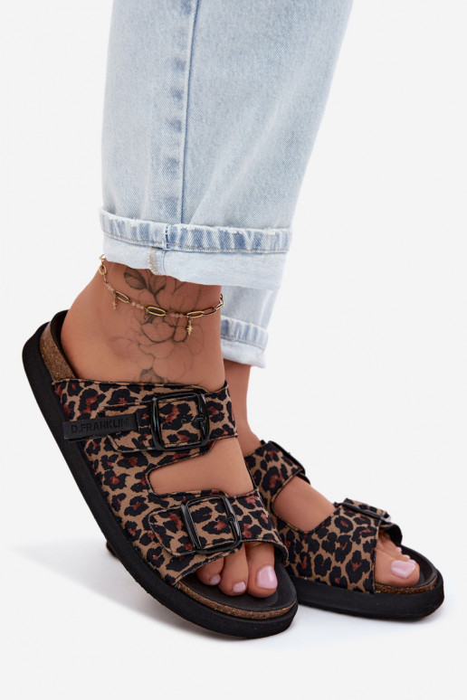 Pantofole da donna con fibbie con una piattaforma D.Franklin DFSH407011 con motivi di pelliccia di leopardo
