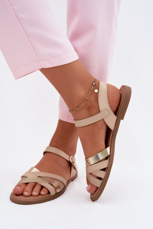 Sandali piatti da donna con lucentezza e cinghie color sabbia Haden