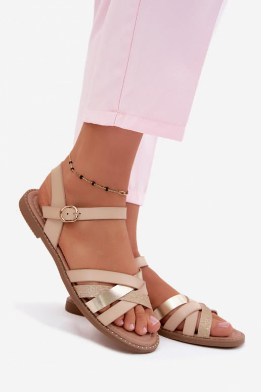 Sandali piatti da donna con lucentezza e cinghie color sabbia Haden