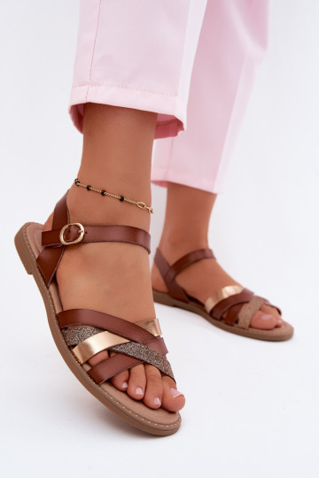 Sandali piatti da donna con lucentezza e cinghie color marrone Haden 2