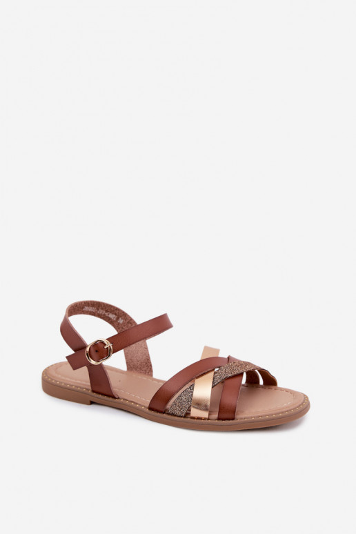 Sandali piatti da donna con lucentezza e cinghie color marrone Haden