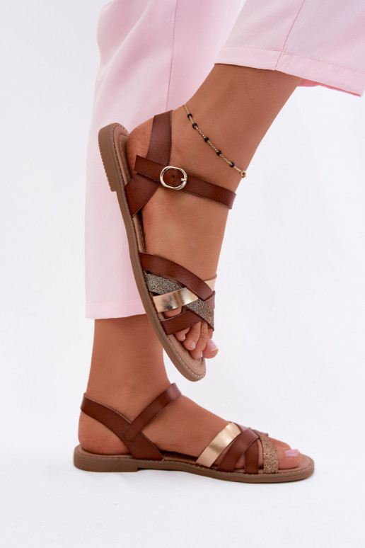 Sandali piatti da donna con lucentezza e cinghie color marrone Haden