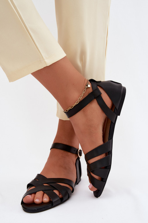 Sandali bassi da donna con strisce Eko Pelle colore nero Lagos