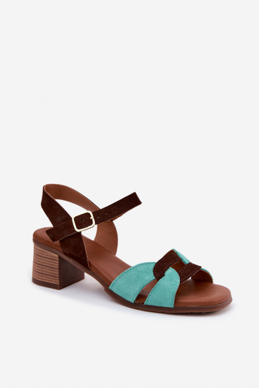 Sandali in suede turchese e marrone per donna con tacco