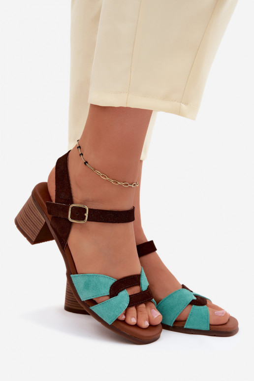 Sandali in suede turchese e marrone per donna con tacco