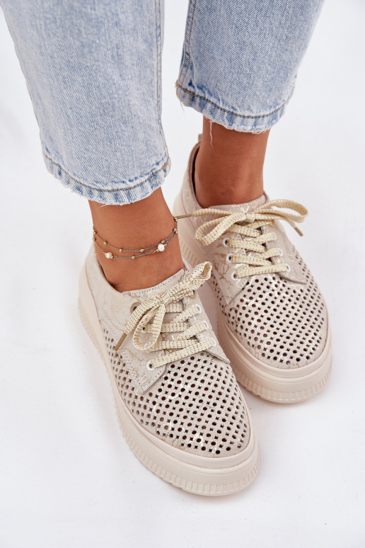 Pelle scamosciata traforata scarpe Femminile con una piattaforma Artiker 56C2108 beige-colore dorato