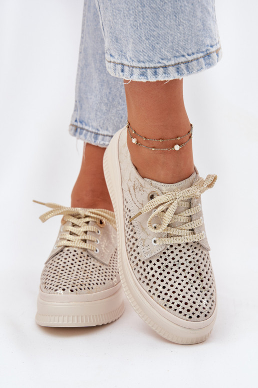 Pelle scamosciata traforata scarpe Femminile con una piattaforma Artiker 56C2108 beige-colore dorato