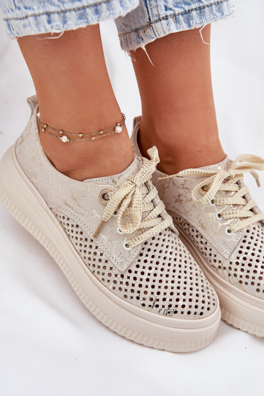 Pelle scamosciata traforata scarpe Femminile con una piattaforma Artiker 56C2108 beige-colore dorato