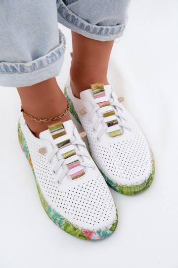 Scarpe in pelle con piattaforma decorata Artiker 58C0441 bianca e verde