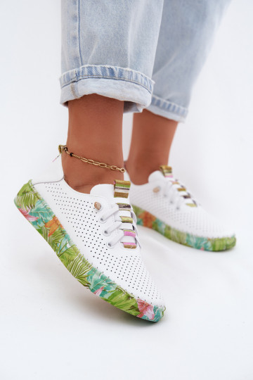 Scarpe in pelle con piattaforma decorata Artiker 58C0441 bianca e verde 2
