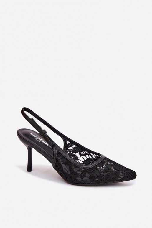 Sandali da donna con tacchi sottili con pizzo colore nero Pelivelle