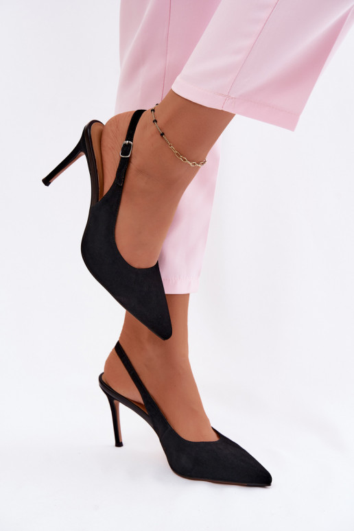 Sandali da donna con tacco sottile in ecopelle scamosciata nera Kandy