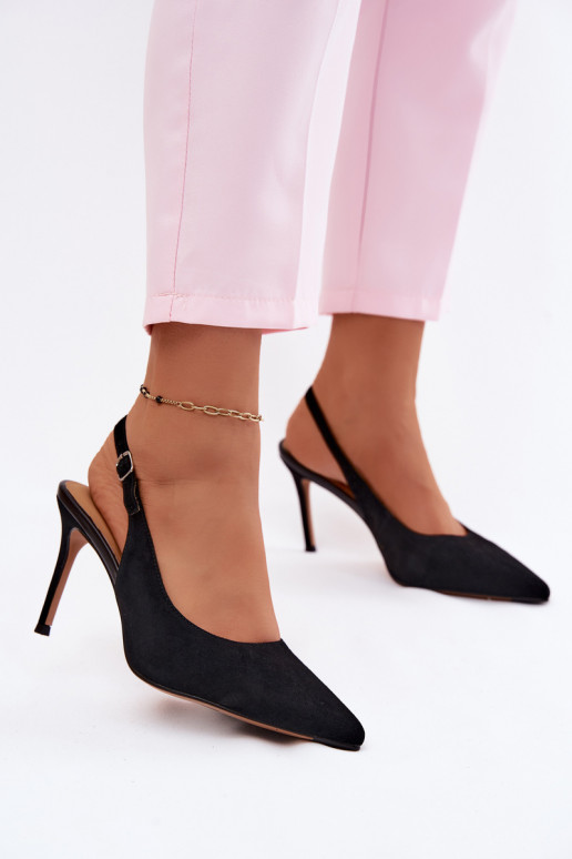 Sandali da donna con tacco sottile in ecopelle scamosciata nera Kandy