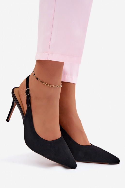 Sandali da donna con tacco sottile in ecopelle scamosciata nera Kandy