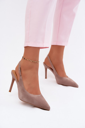 Sandali da donna con tacco sottile in ecopelle scamosciata sabbia Kandy