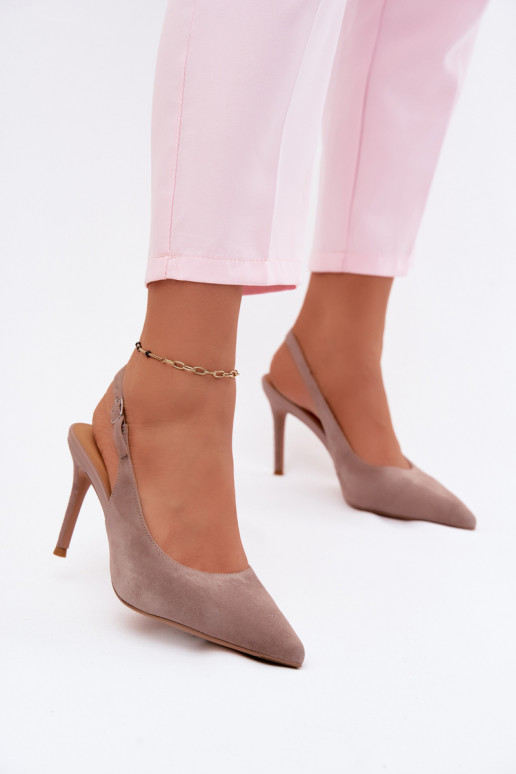 Sandali da donna con tacco sottile in ecopelle scamosciata sabbia Kandy