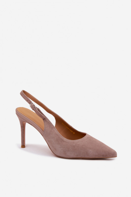 Sandali da donna con tacco sottile in ecopelle scamosciata sabbia Kandy