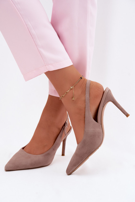 Sandali da donna con tacco sottile in ecopelle scamosciata sabbia Kandy