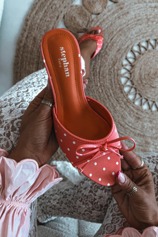Pantofole da donna con fiocchi e pois su tacco sottile di colore arancione di Shinea