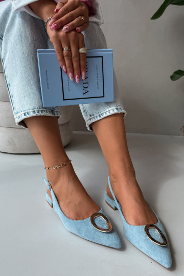Sandali da donna con tacco largo e ornamenti di colore blu di Sparkle