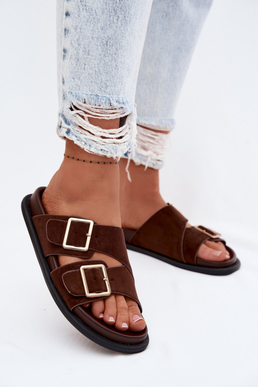 Pantofole color cioccolato da donna in suede sintetico con fibbie dorate Selissea