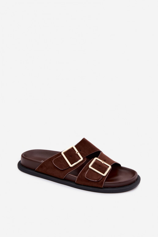 Pantofole color cioccolato da donna in suede sintetico con fibbie dorate Selissea