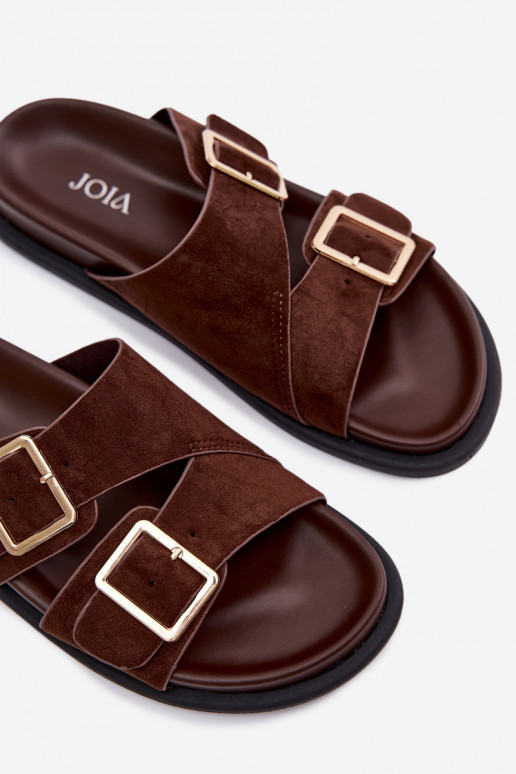 Pantofole color cioccolato da donna in suede sintetico con fibbie dorate Selissea