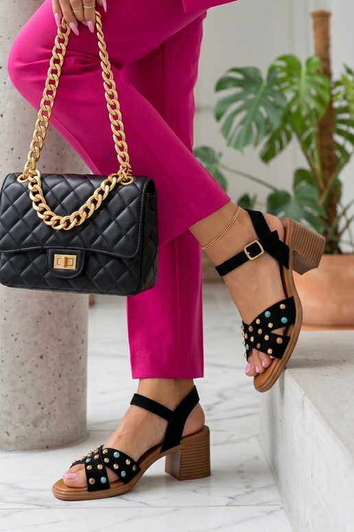 Sandali neri con tacco decorati con strass Lucy